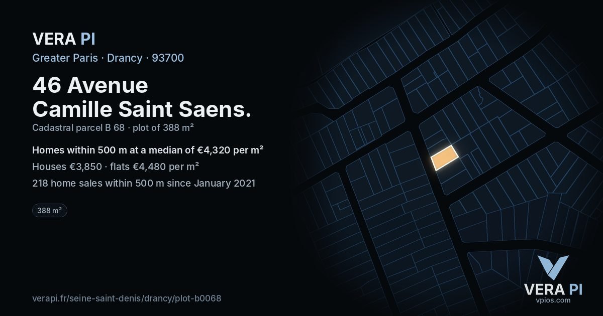 46 Avenue Camille Saint Saens, Drancy at night – the plot lit, the parcels around coloured by the prices near them