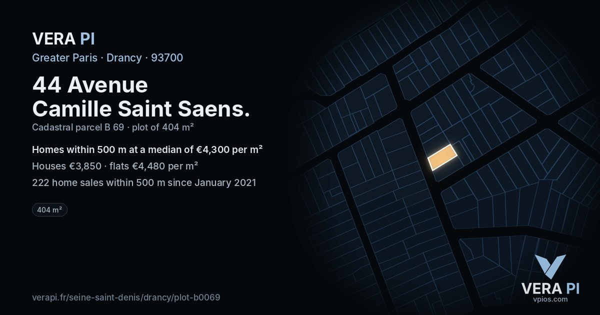 44 Avenue Camille Saint Saens, Drancy at night – the plot lit, the parcels around coloured by the prices near them