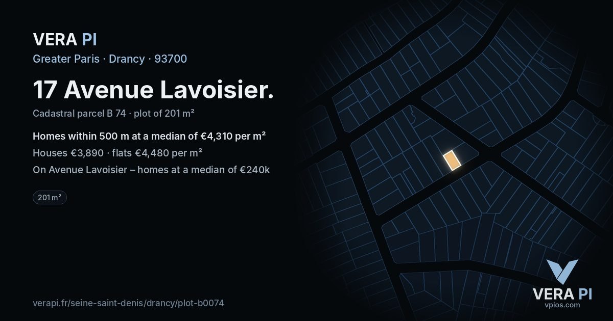 17 Avenue Lavoisier, Drancy at night – the plot lit, the parcels around coloured by the prices near them