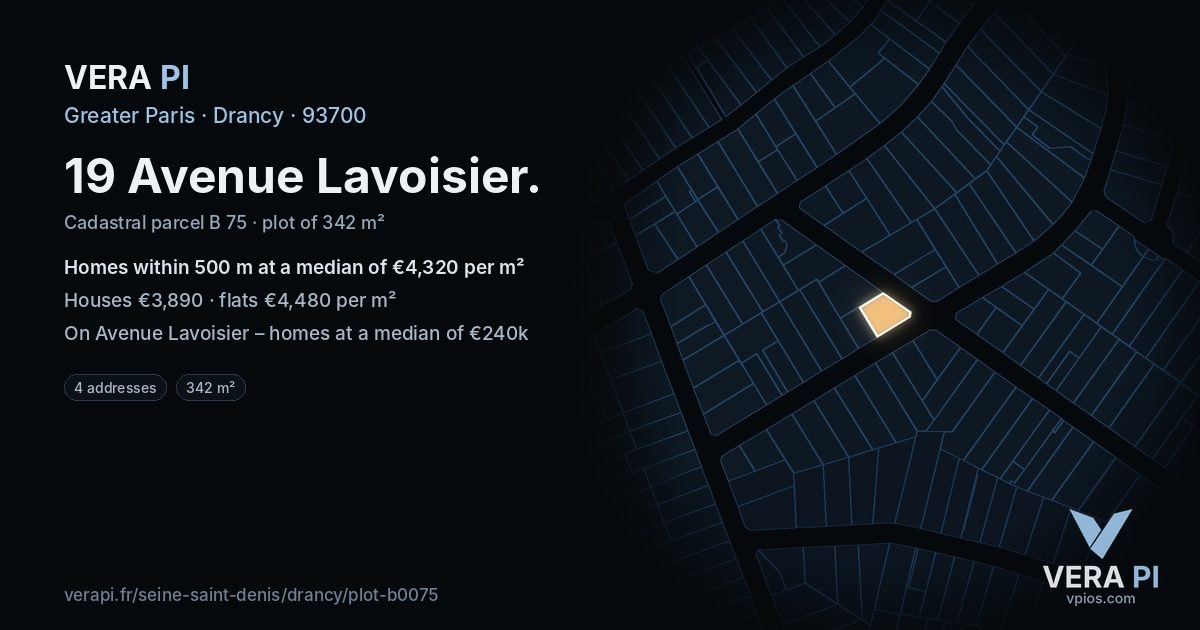 19 Avenue Lavoisier, Drancy at night – the plot lit, the parcels around coloured by the prices near them