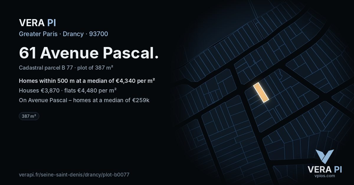 61 Avenue Pascal, Drancy at night – the plot lit, the parcels around coloured by the prices near them