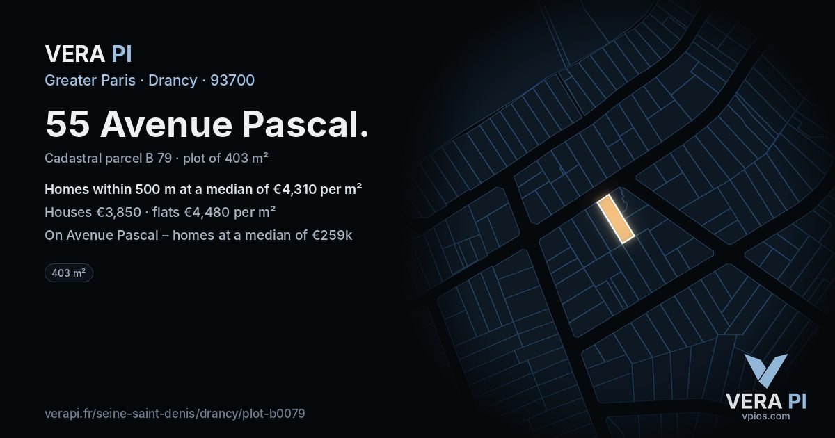 55 Avenue Pascal, Drancy at night – the plot lit, the parcels around coloured by the prices near them