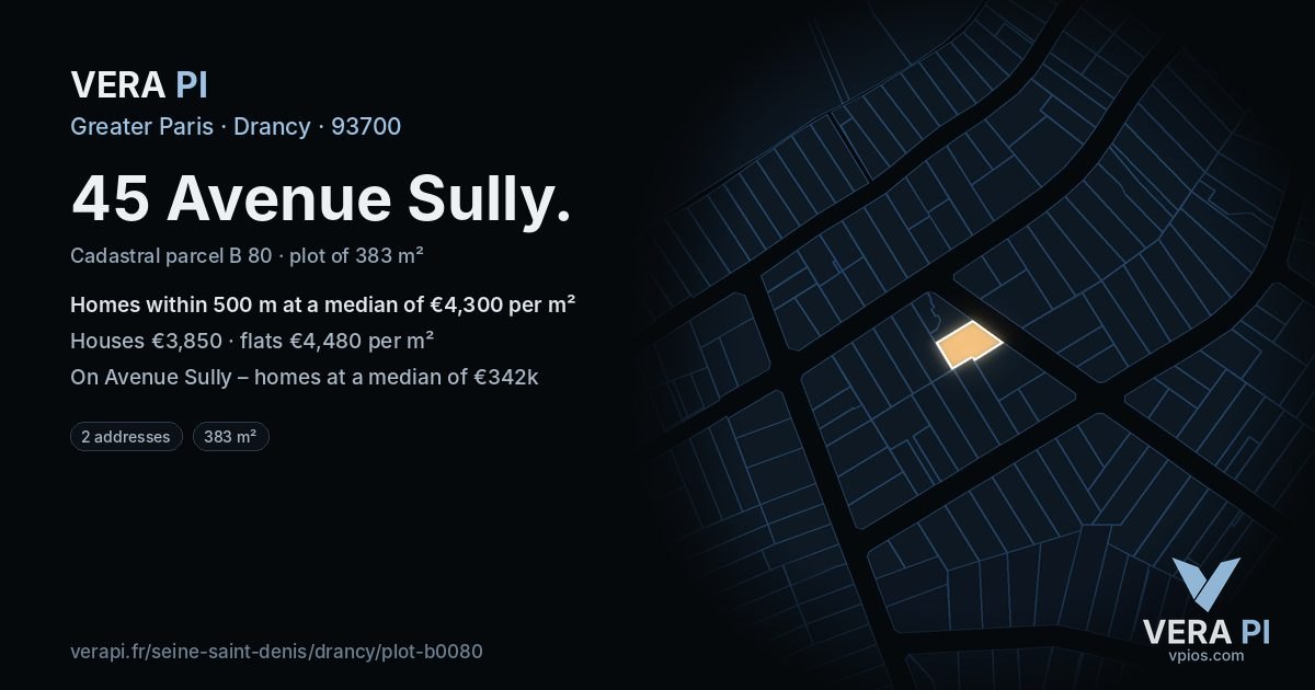 45 Avenue Sully, Drancy at night – the plot lit, the parcels around coloured by the prices near them