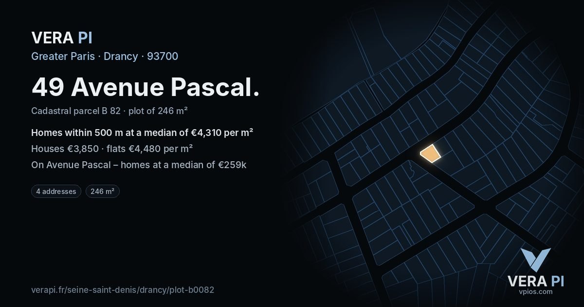 49 Avenue Pascal, Drancy at night – the plot lit, the parcels around coloured by the prices near them