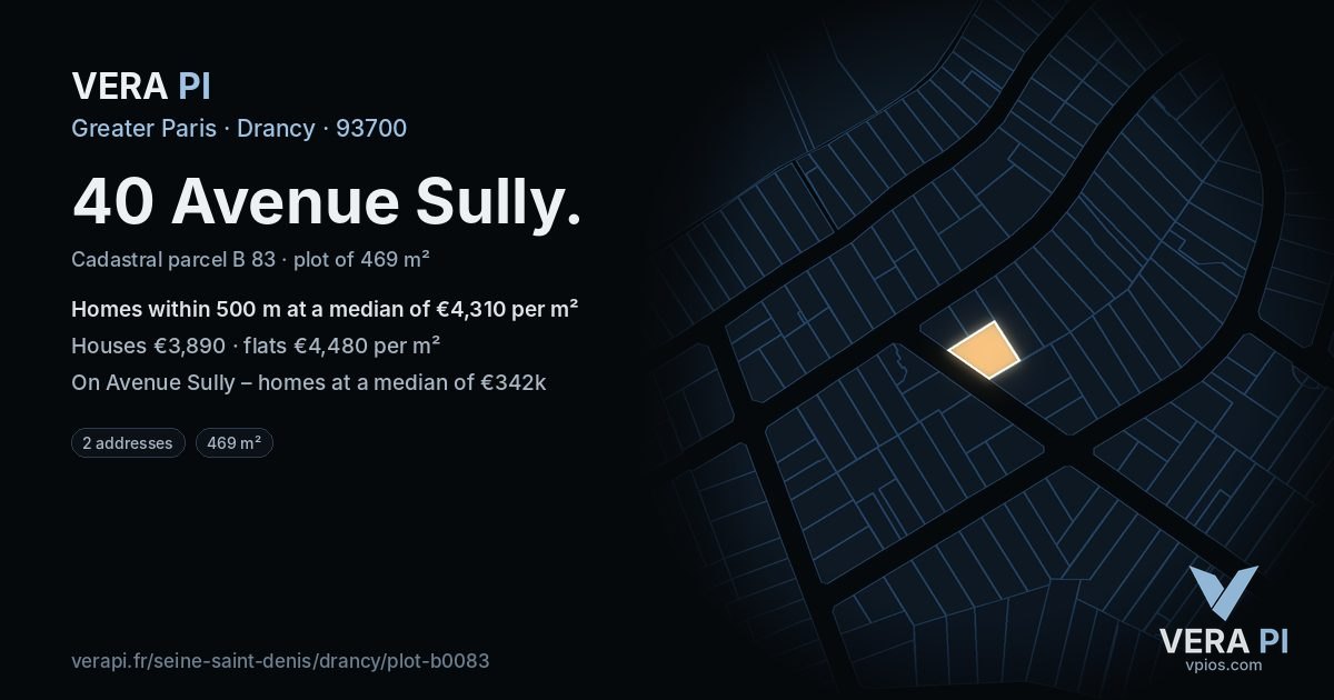 40 Avenue Sully, Drancy at night – the plot lit, the parcels around coloured by the prices near them