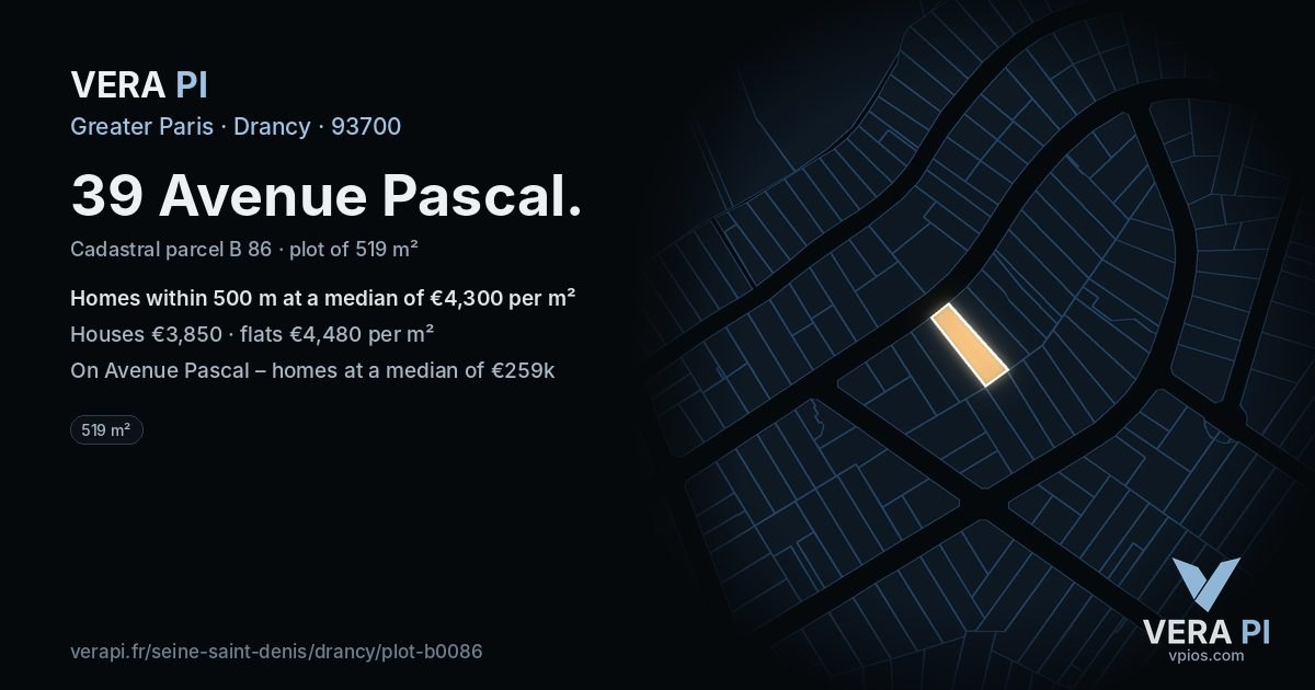 39 Avenue Pascal, Drancy at night – the plot lit, the parcels around coloured by the prices near them