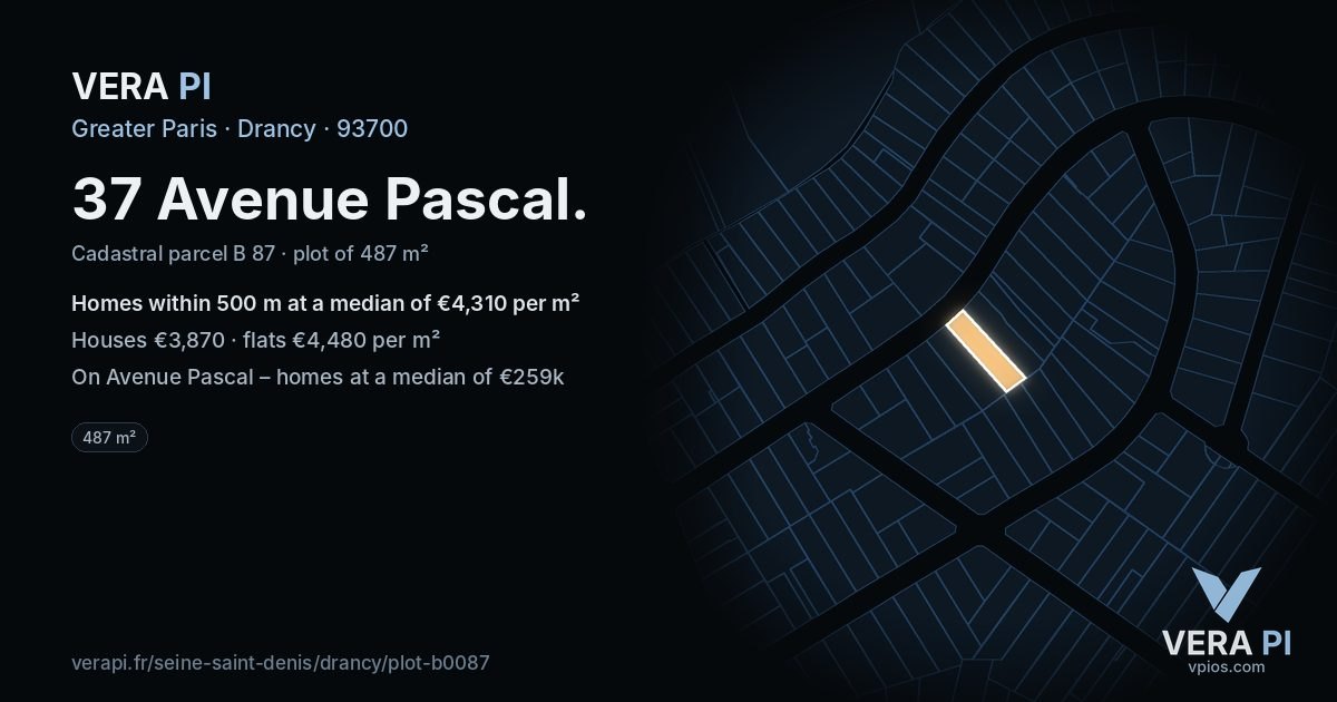 37 Avenue Pascal, Drancy at night – the plot lit, the parcels around coloured by the prices near them