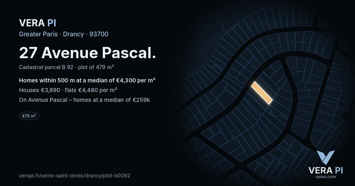 27 Avenue Pascal, Drancy at night – the plot lit, the parcels around coloured by the prices near them