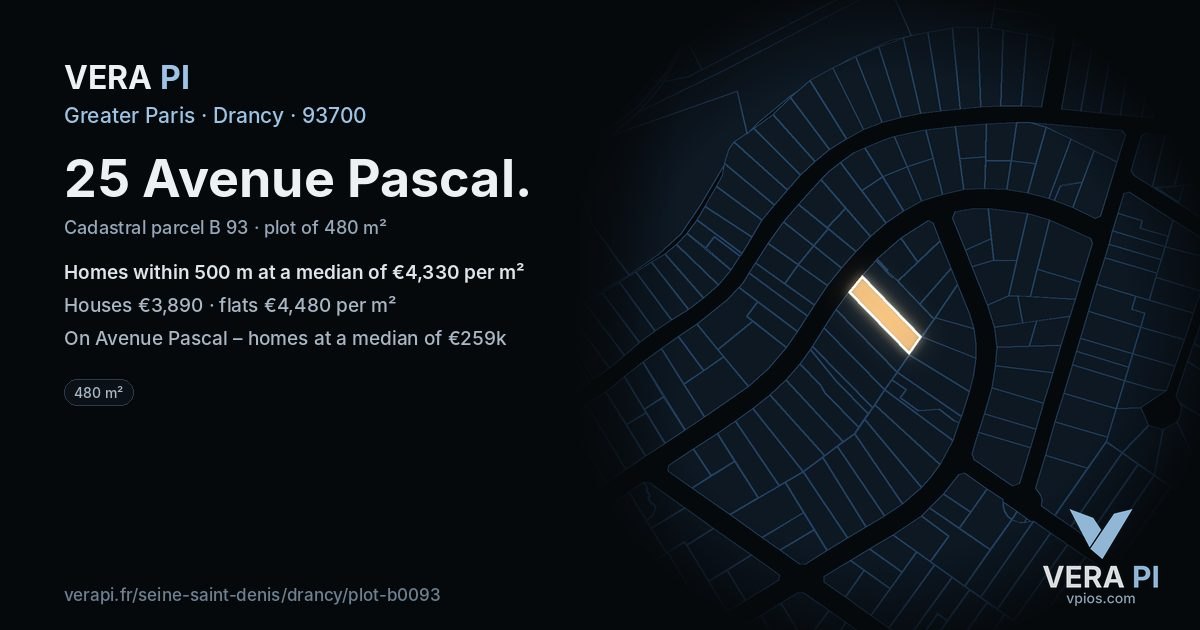 25 Avenue Pascal, Drancy at night – the plot lit, the parcels around coloured by the prices near them