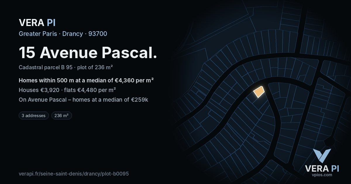 15 Avenue Pascal, Drancy at night – the plot lit, the parcels around coloured by the prices near them