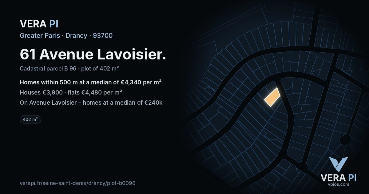 61 Avenue Lavoisier, Drancy at night – the plot lit, the parcels around coloured by the prices near them