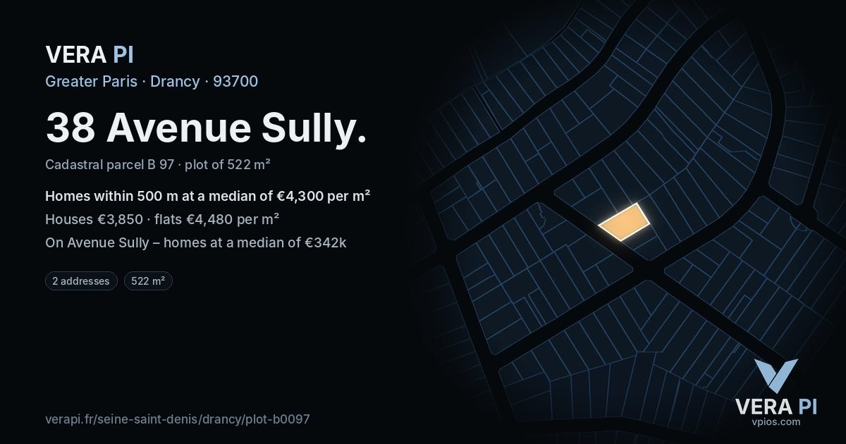 38 Avenue Sully, Drancy at night – the plot lit, the parcels around coloured by the prices near them