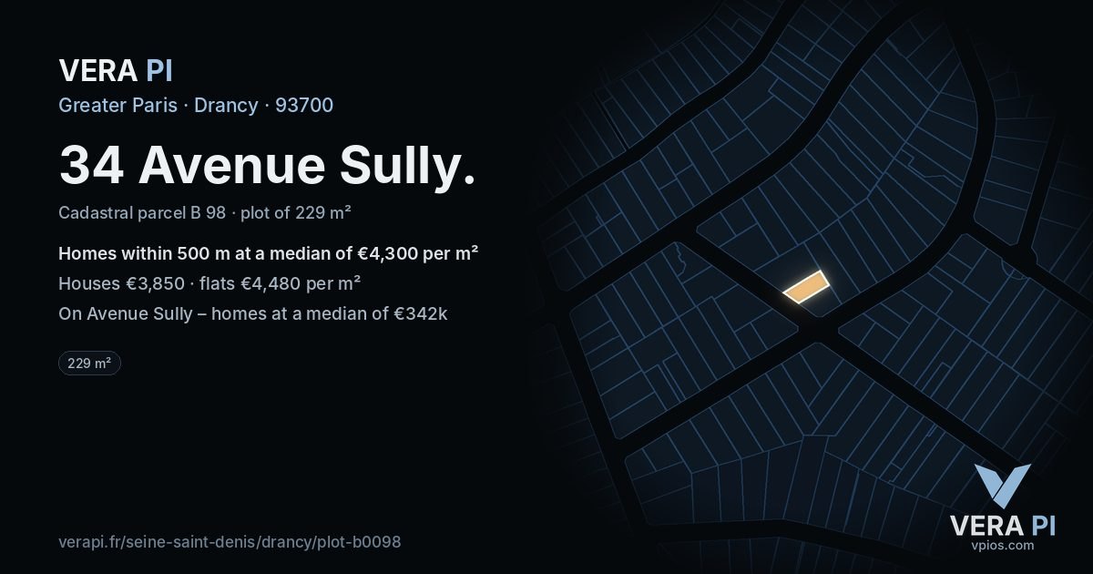 34 Avenue Sully, Drancy at night – the plot lit, the parcels around coloured by the prices near them