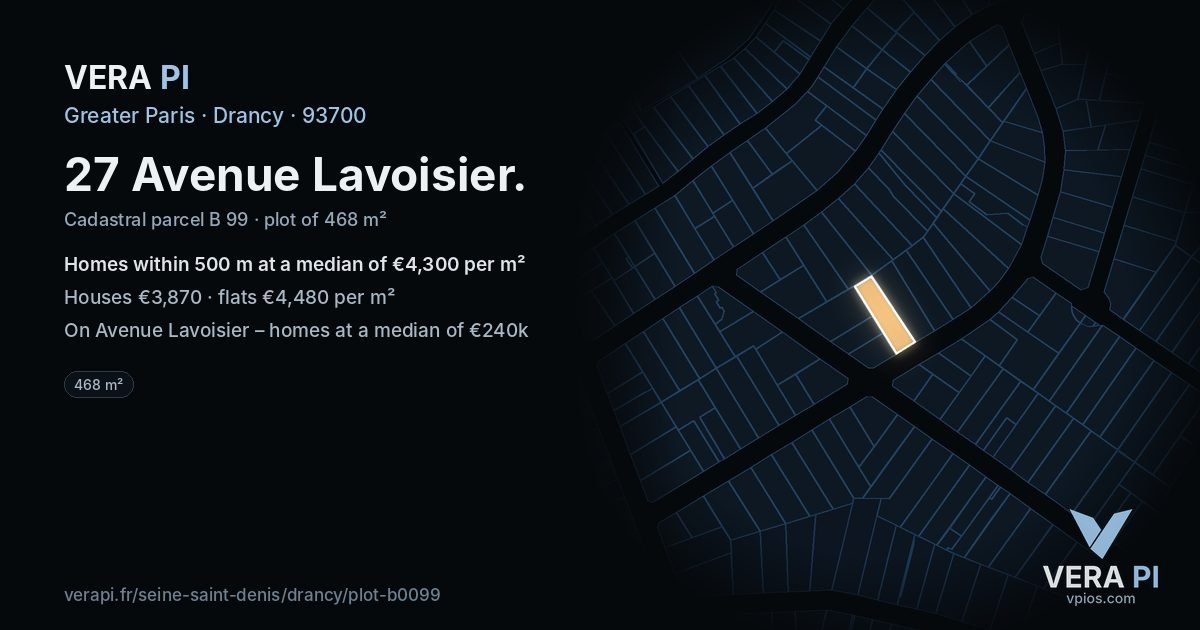 27 Avenue Lavoisier, Drancy at night – the plot lit, the parcels around coloured by the prices near them