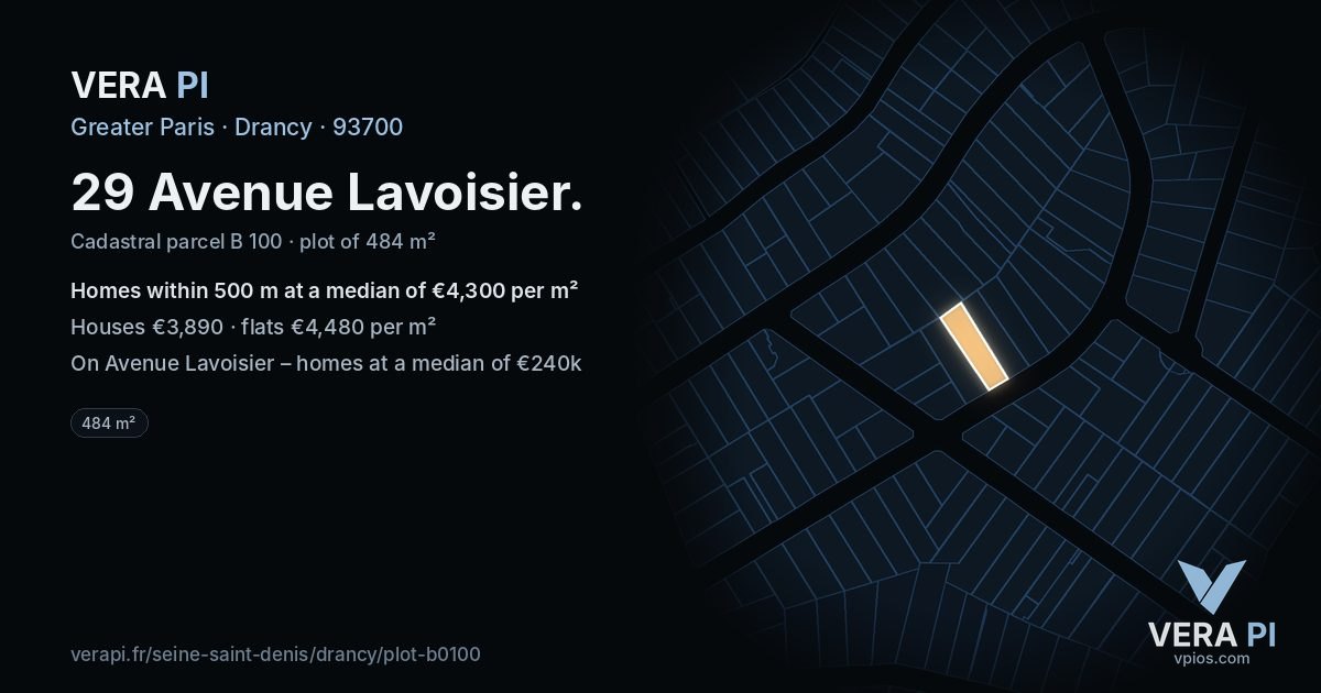 29 Avenue Lavoisier, Drancy at night – the plot lit, the parcels around coloured by the prices near them