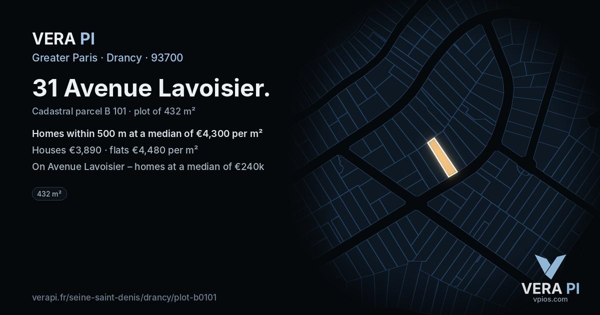 31 Avenue Lavoisier, Drancy at night – the plot lit, the parcels around coloured by the prices near them