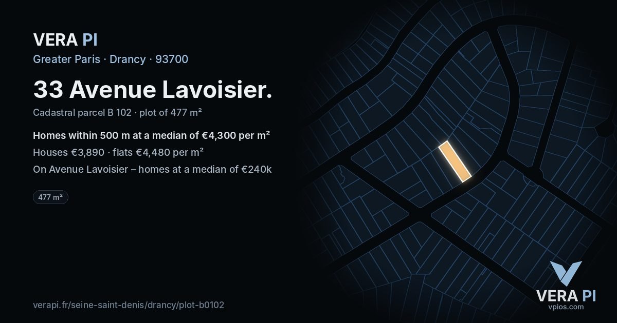 33 Avenue Lavoisier, Drancy at night – the plot lit, the parcels around coloured by the prices near them