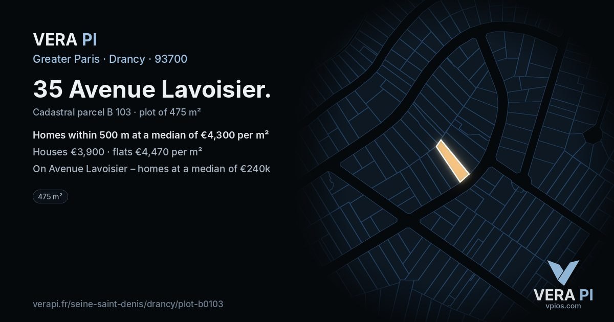 35 Avenue Lavoisier, Drancy at night – the plot lit, the parcels around coloured by the prices near them