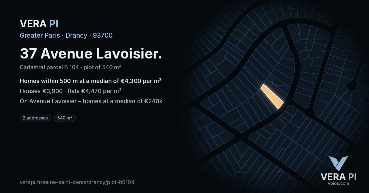 37 Avenue Lavoisier, Drancy at night – the plot lit, the parcels around coloured by the prices near them