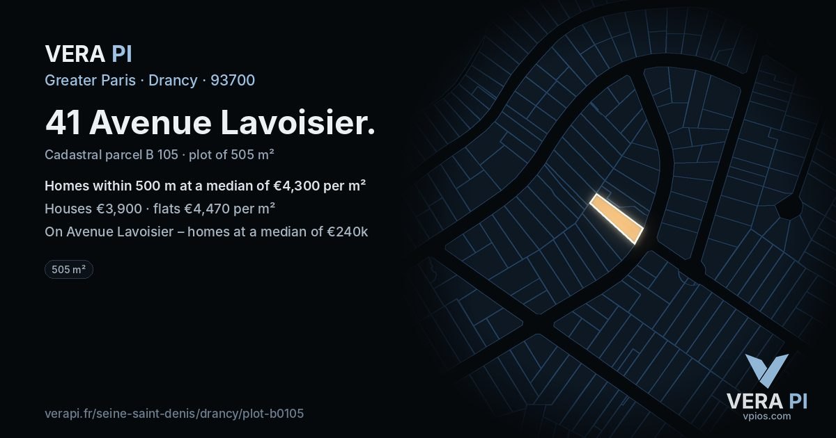 41 Avenue Lavoisier, Drancy at night – the plot lit, the parcels around coloured by the prices near them