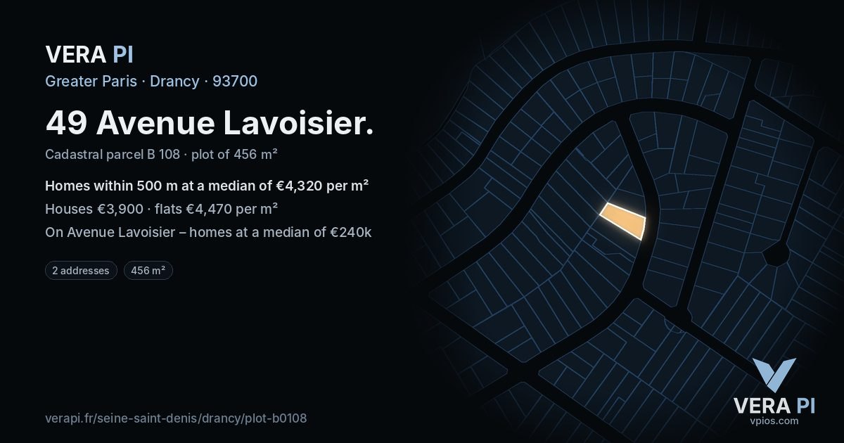 49 Avenue Lavoisier, Drancy at night – the plot lit, the parcels around coloured by the prices near them
