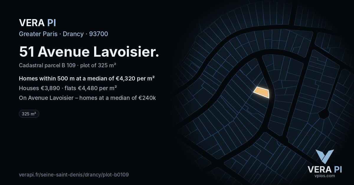 51 Avenue Lavoisier, Drancy at night – the plot lit, the parcels around coloured by the prices near them