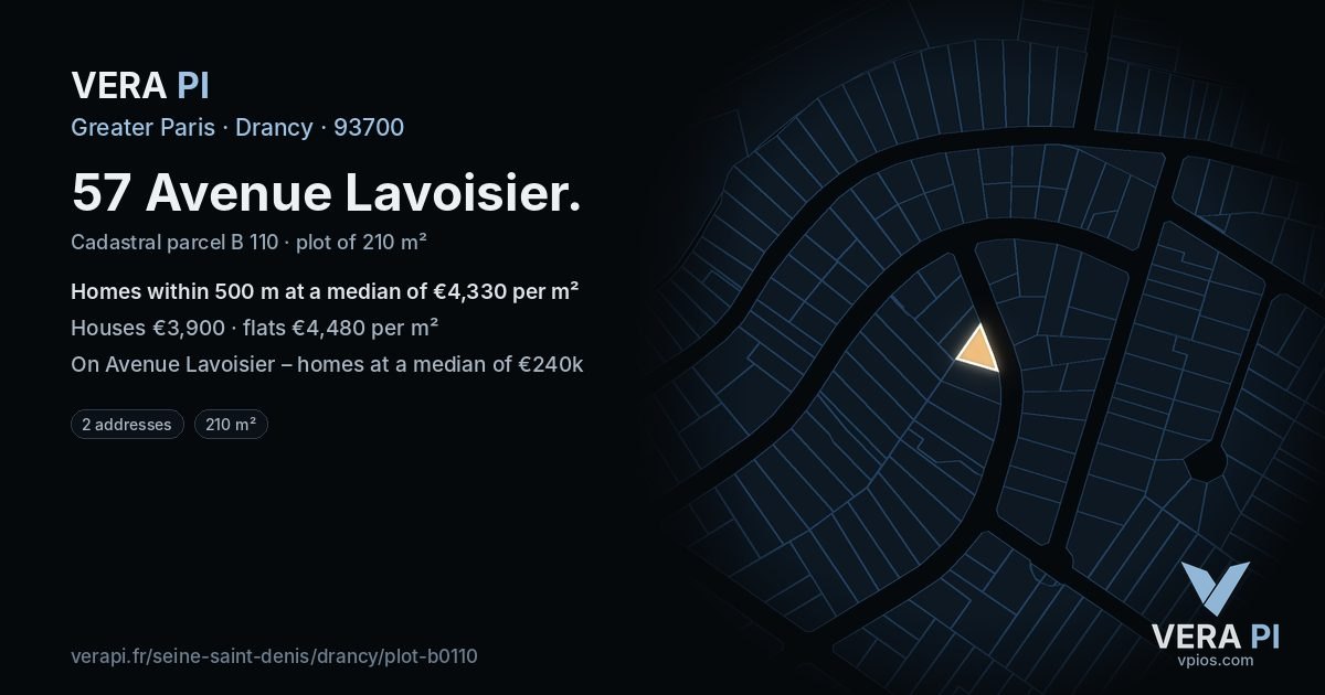 57 Avenue Lavoisier, Drancy at night – the plot lit, the parcels around coloured by the prices near them
