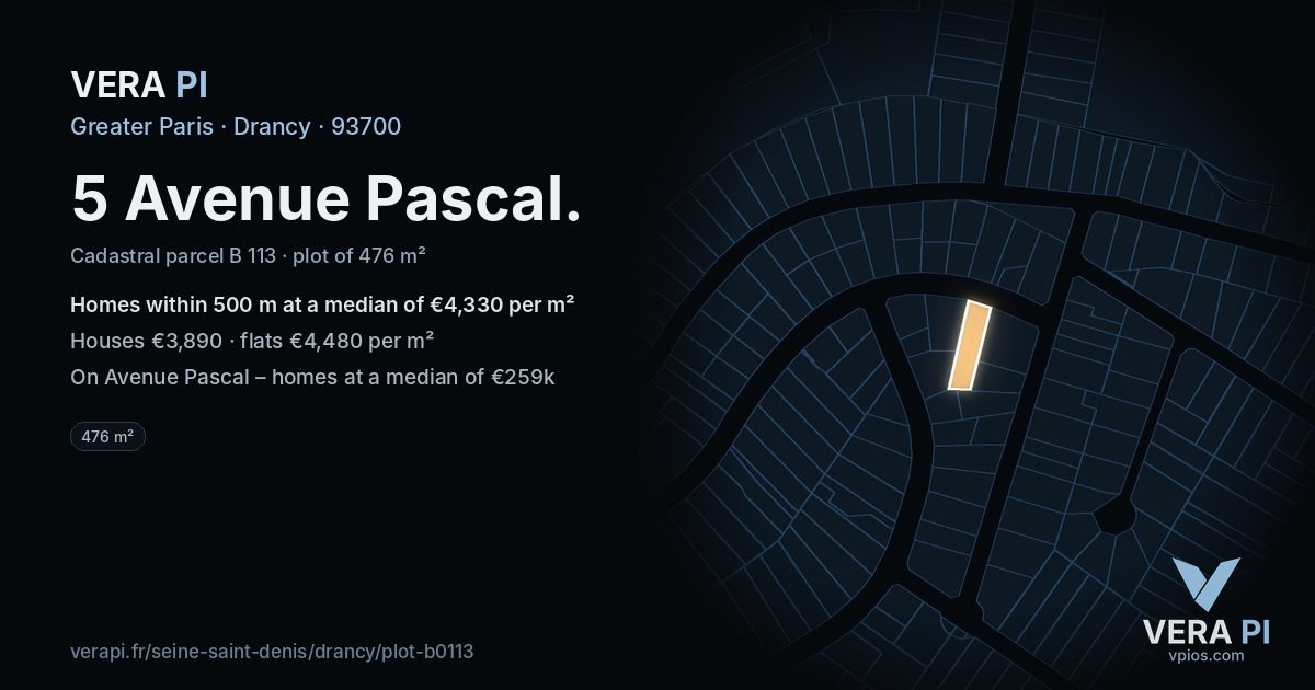 5 Avenue Pascal, Drancy at night – the plot lit, the parcels around coloured by the prices near them