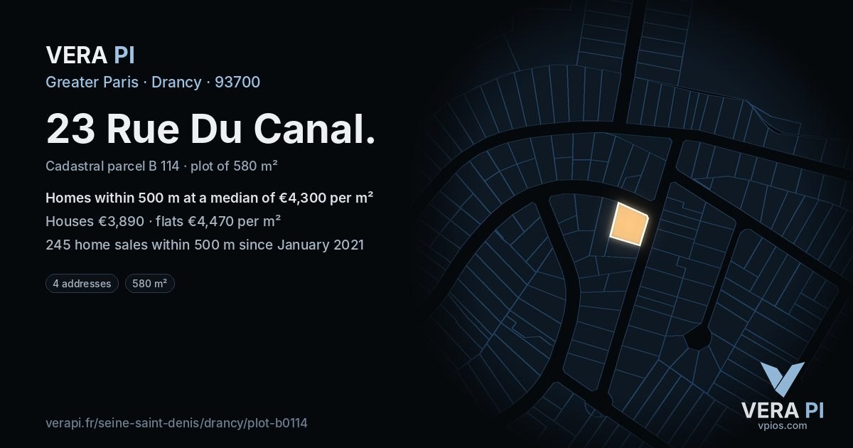 23 Rue Du Canal, Drancy at night – the plot lit, the parcels around coloured by the prices near them