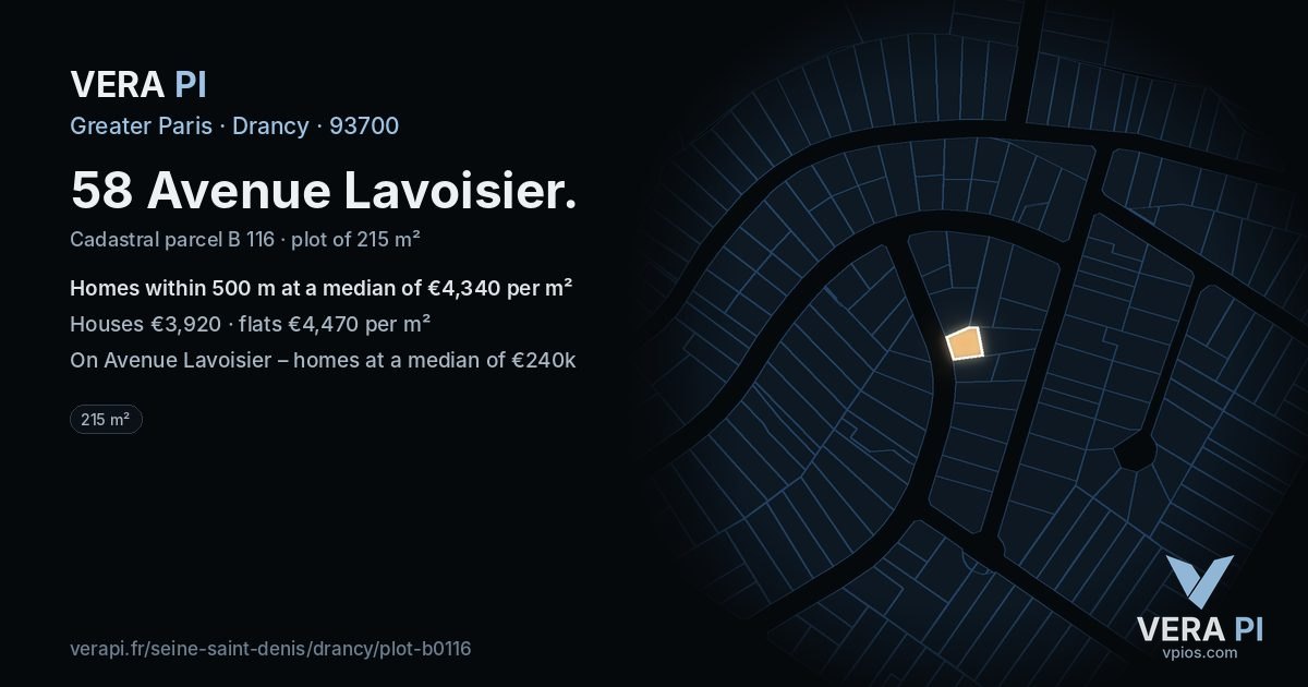58 Avenue Lavoisier, Drancy at night – the plot lit, the parcels around coloured by the prices near them