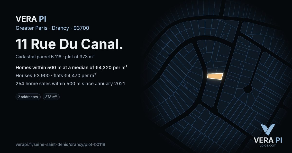 11 Rue Du Canal, Drancy at night – the plot lit, the parcels around coloured by the prices near them
