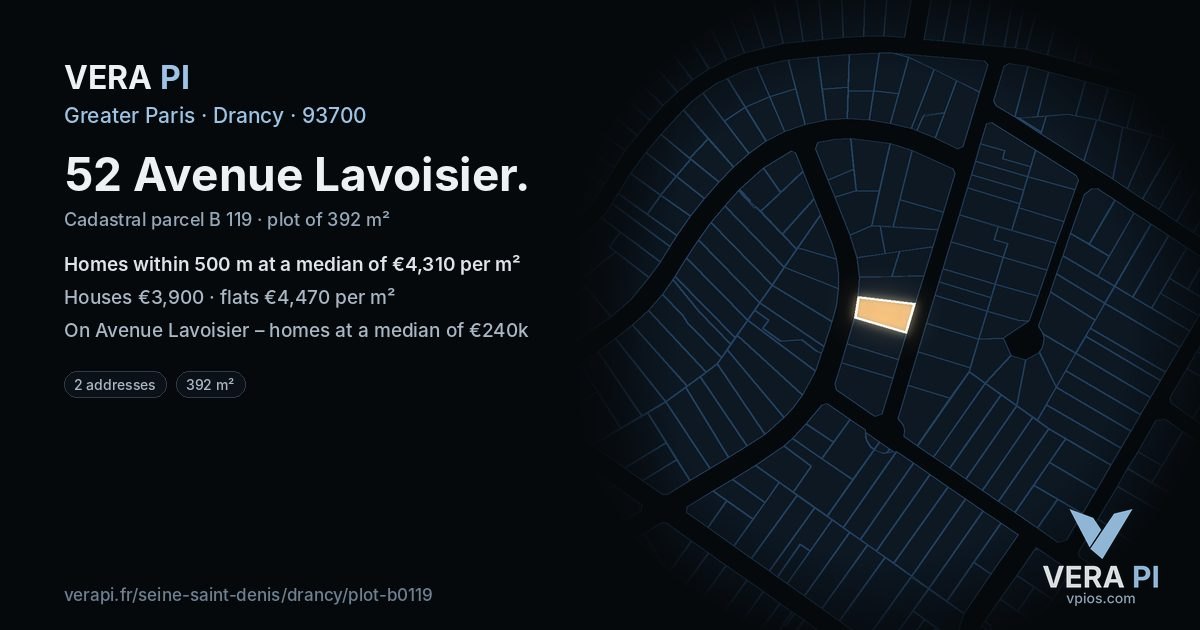 52 Avenue Lavoisier, Drancy at night – the plot lit, the parcels around coloured by the prices near them