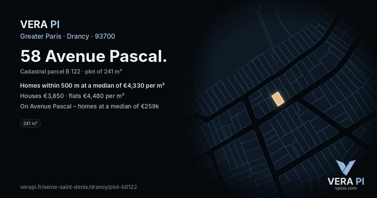 58 Avenue Pascal, Drancy at night – the plot lit, the parcels around coloured by the prices near them