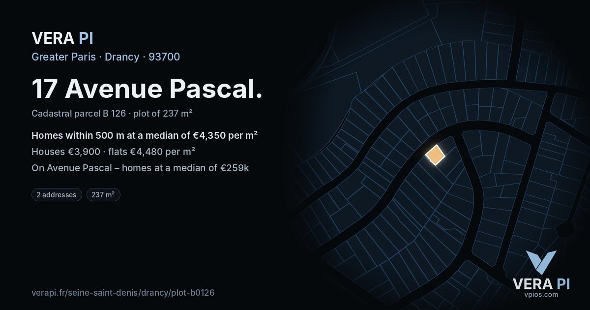 17 Avenue Pascal, Drancy at night – the plot lit, the parcels around coloured by the prices near them