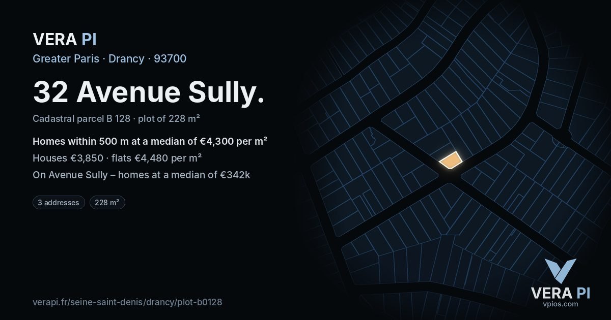 32 Avenue Sully, Drancy at night – the plot lit, the parcels around coloured by the prices near them
