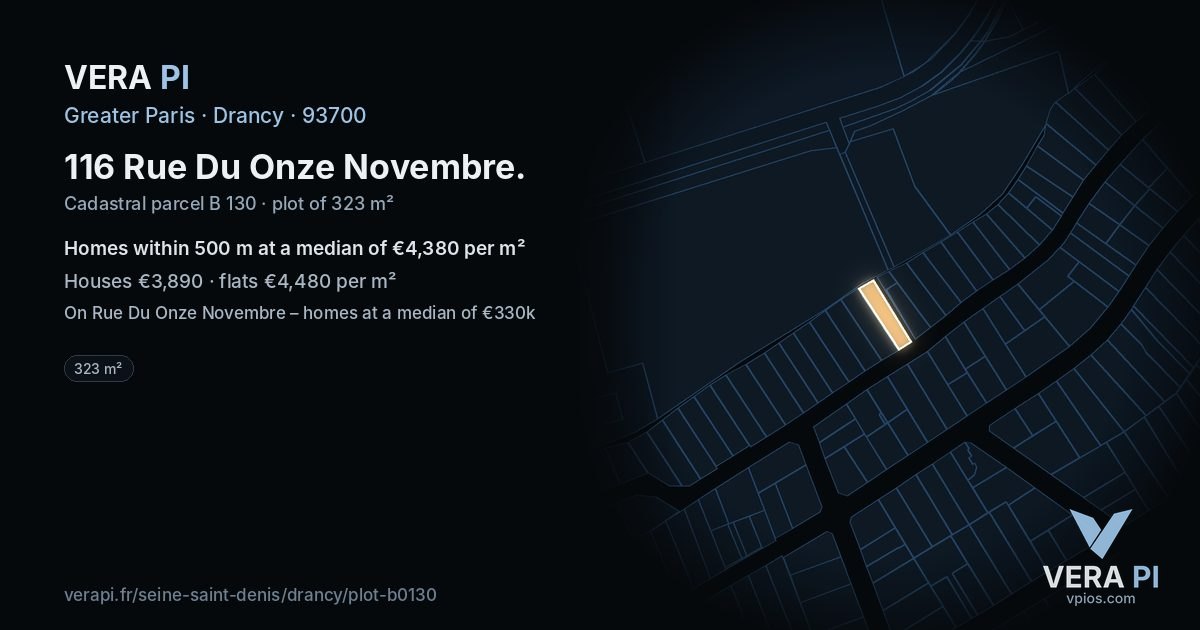 116 Rue Du Onze Novembre, Drancy at night – the plot lit, the parcels around coloured by the prices near them