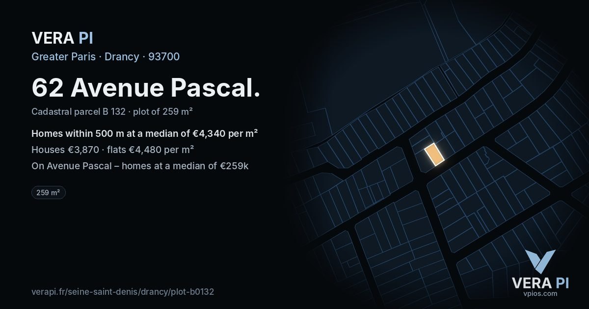 62 Avenue Pascal, Drancy at night – the plot lit, the parcels around coloured by the prices near them