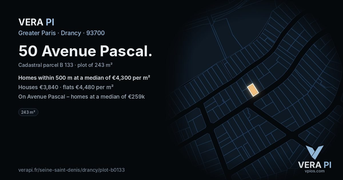 50 Avenue Pascal, Drancy at night – the plot lit, the parcels around coloured by the prices near them