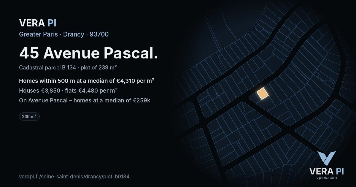 45 Avenue Pascal, Drancy at night – the plot lit, the parcels around coloured by the prices near them