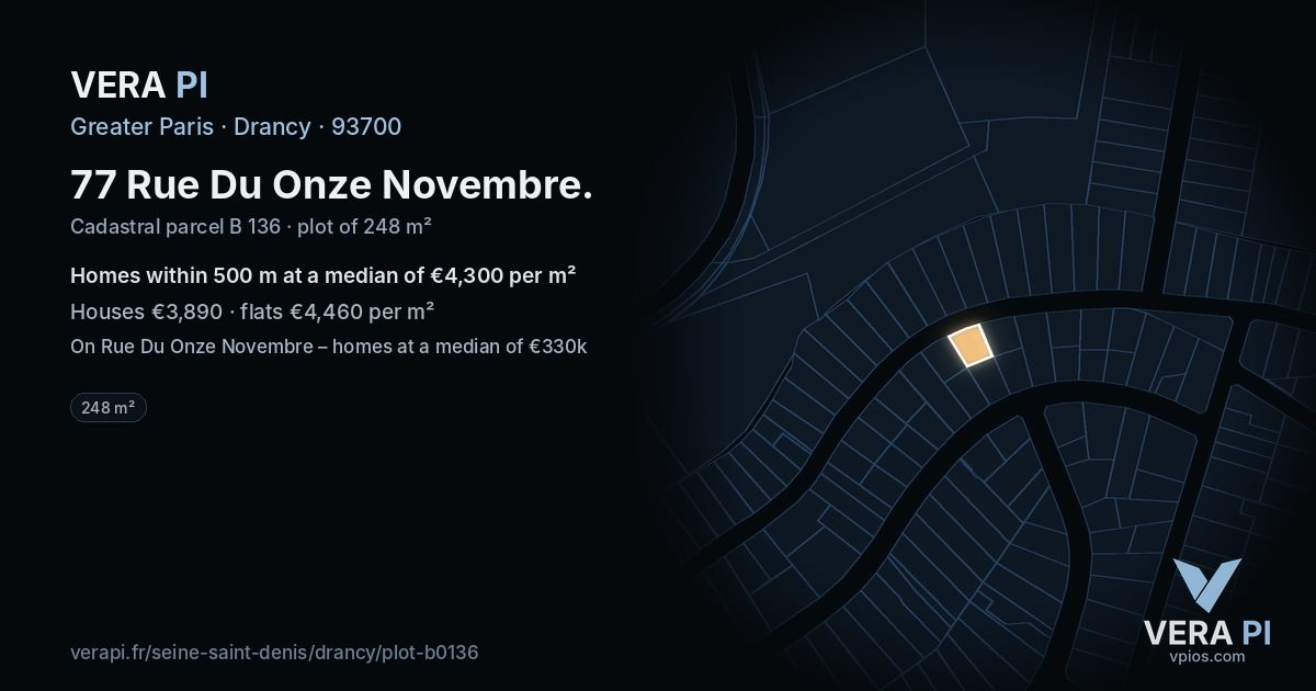 77 Rue Du Onze Novembre, Drancy at night – the plot lit, the parcels around coloured by the prices near them