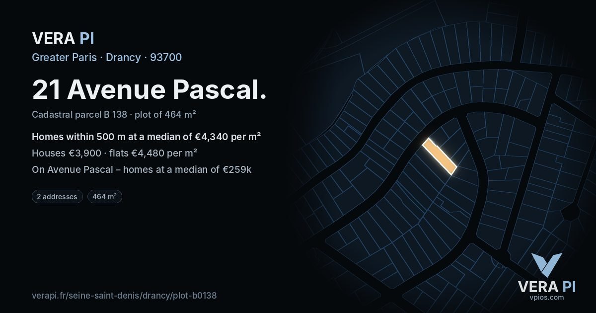 21 Avenue Pascal, Drancy at night – the plot lit, the parcels around coloured by the prices near them