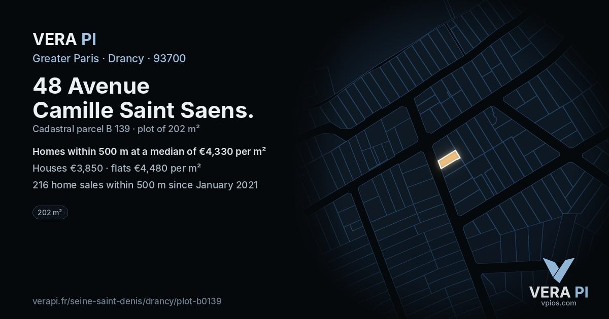 48 Avenue Camille Saint Saens, Drancy at night – the plot lit, the parcels around coloured by the prices near them