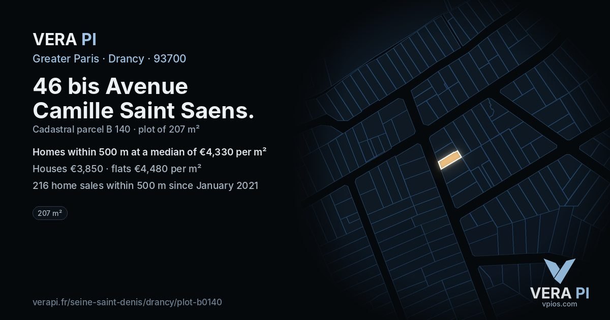 46 bis Avenue Camille Saint Saens, Drancy at night – the plot lit, the parcels around coloured by the prices near them