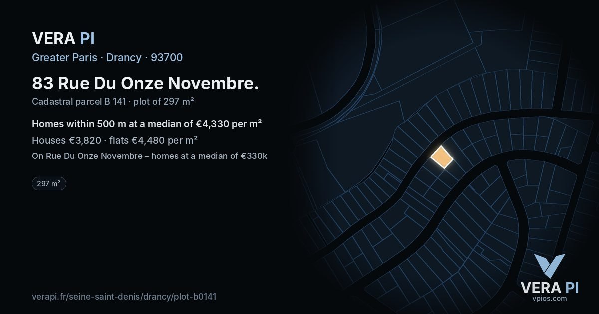83 Rue Du Onze Novembre, Drancy at night – the plot lit, the parcels around coloured by the prices near them
