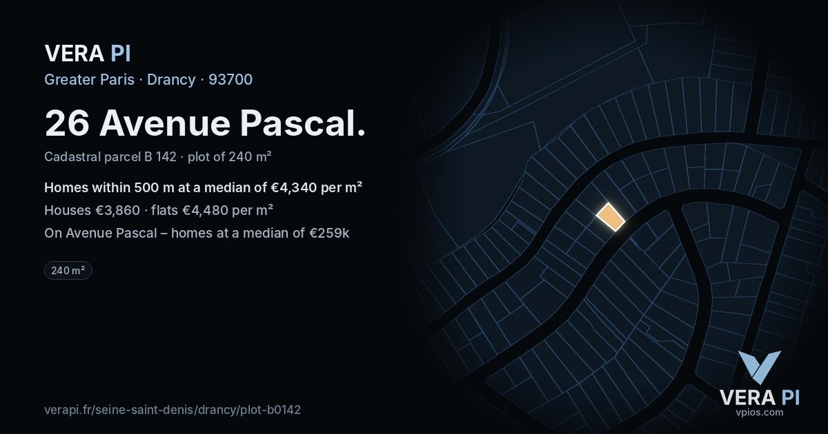 26 Avenue Pascal, Drancy at night – the plot lit, the parcels around coloured by the prices near them
