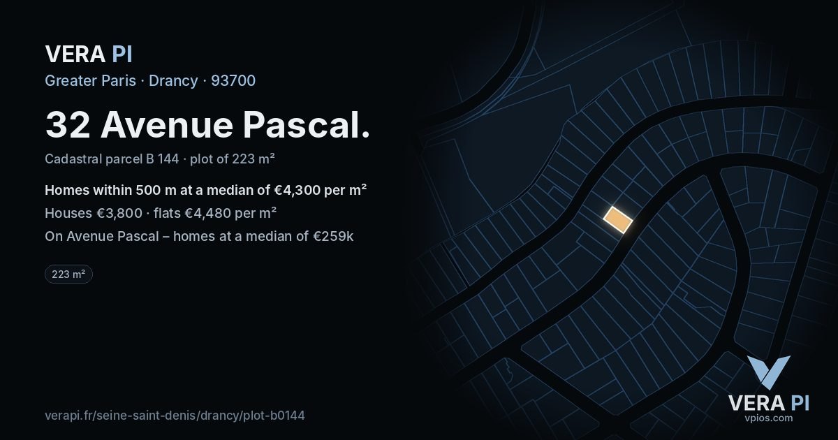 32 Avenue Pascal, Drancy at night – the plot lit, the parcels around coloured by the prices near them