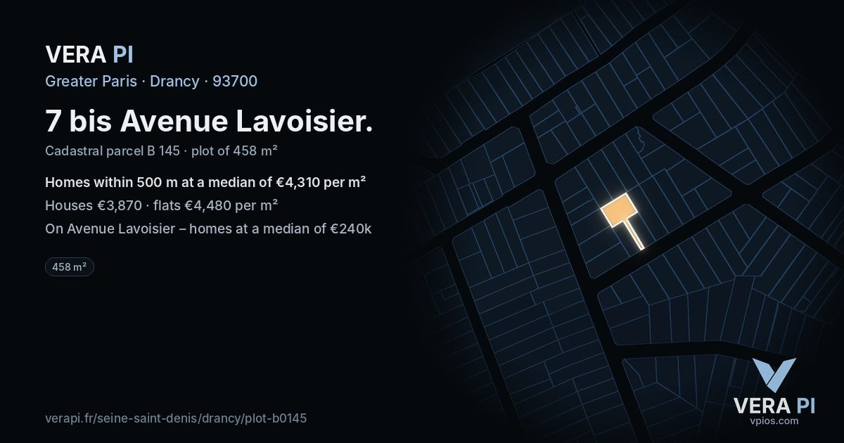 7 bis Avenue Lavoisier, Drancy at night – the plot lit, the parcels around coloured by the prices near them