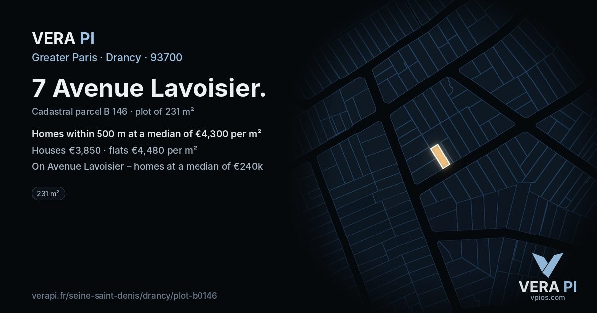 7 Avenue Lavoisier, Drancy at night – the plot lit, the parcels around coloured by the prices near them