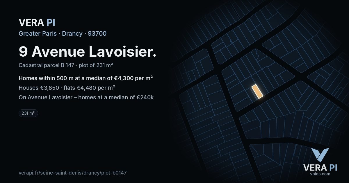 9 Avenue Lavoisier, Drancy at night – the plot lit, the parcels around coloured by the prices near them
