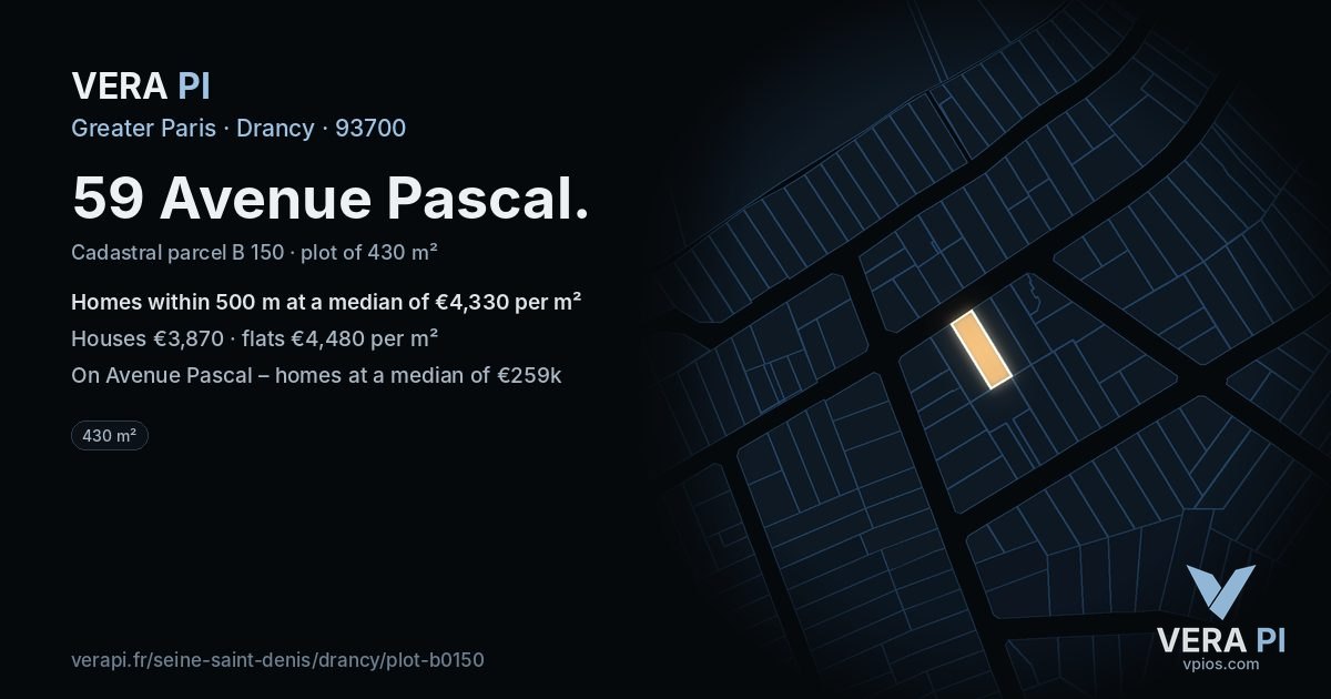 59 Avenue Pascal, Drancy at night – the plot lit, the parcels around coloured by the prices near them